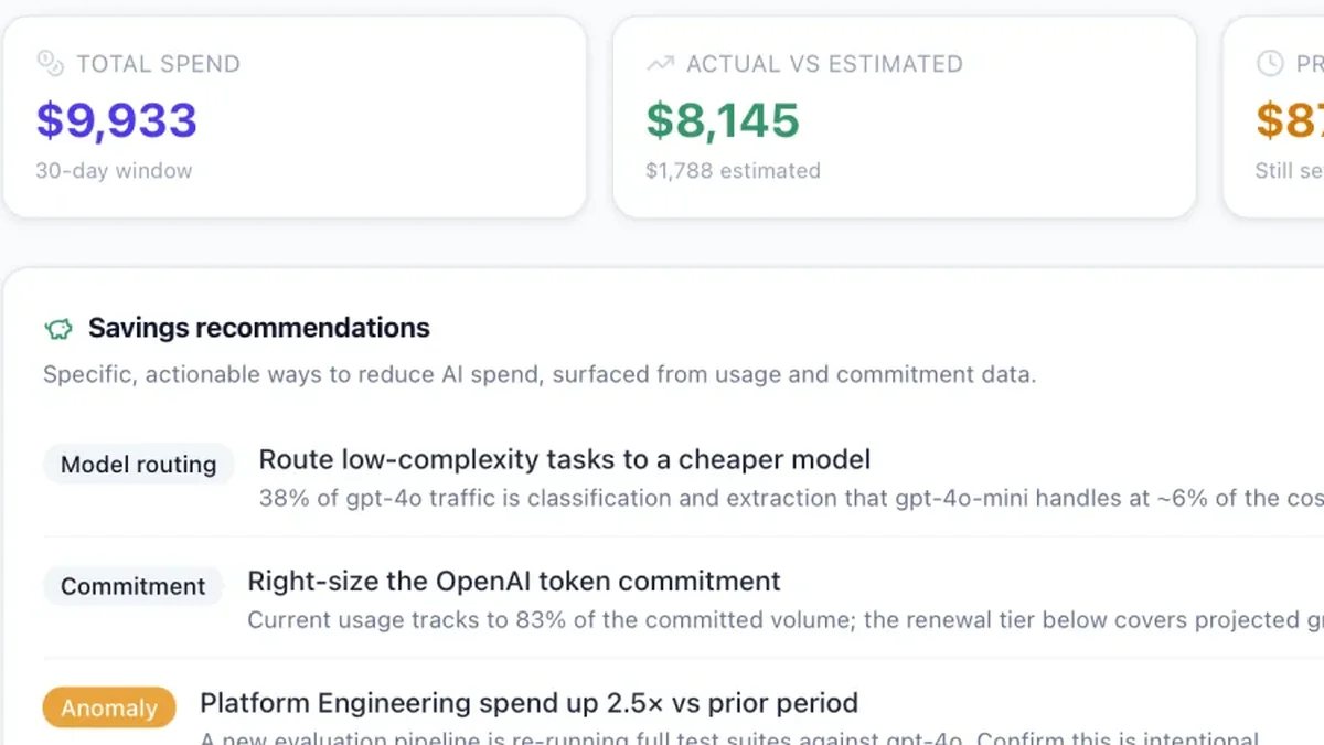 Atlas AI spend dashboard showing total spend, actual versus estimated cost and savings recommendations