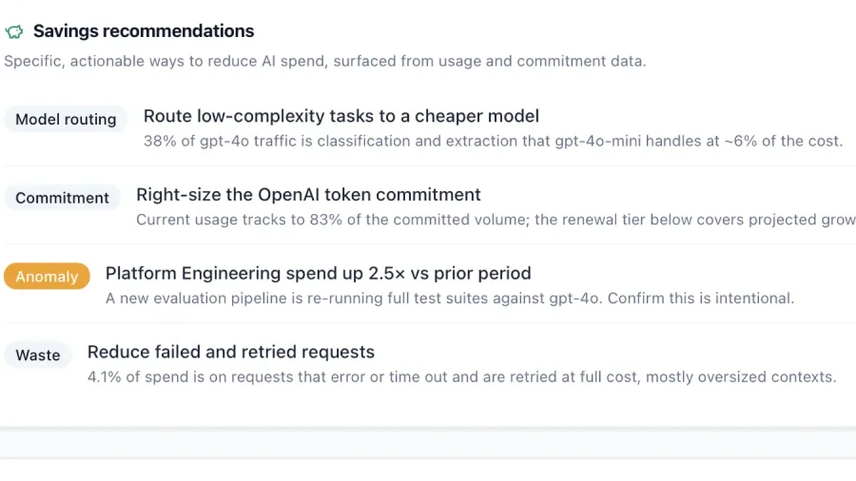Atlas AI savings recommendations, including routing low-complexity tasks to a cheaper model and right-sizing a token commitment