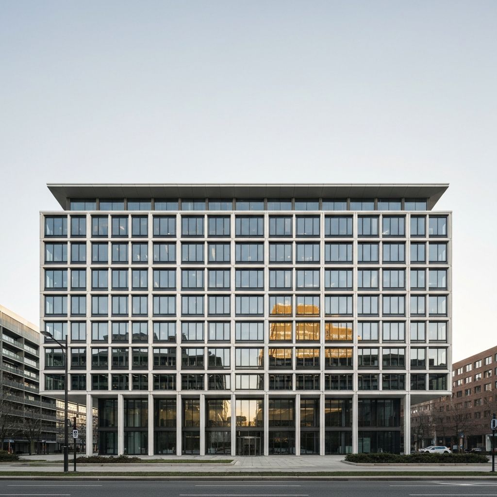 Modern banking office building — backdrop for a regulated AI policy.